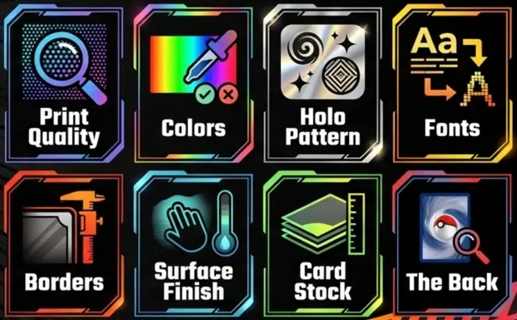 Eight neon futuristic icons detailing TCG card verification criteria including print quality, colors, holo pattern, fonts, borders, surface finish, card stock, and back details