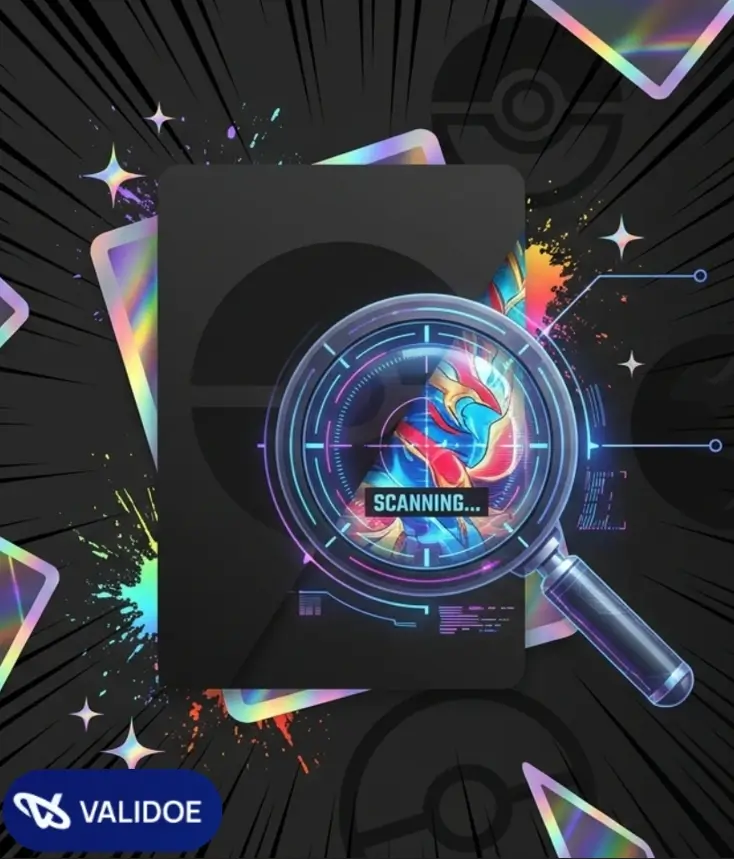 Validoe logo with digital HUD magnifying glass scanning a holographic trading card against a dark background