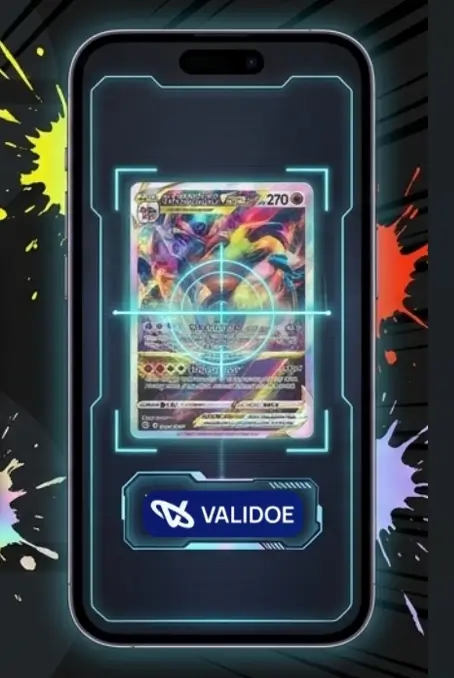 Smartphone screen displaying Validoe mobile app scanning a rare holographic Pokemon trading card with targeting reticle