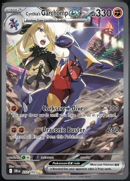 Full-art Cynthia's Garchomp ex Pokémon card depicting Garchomp poised for battle with Champion Cynthia in the background