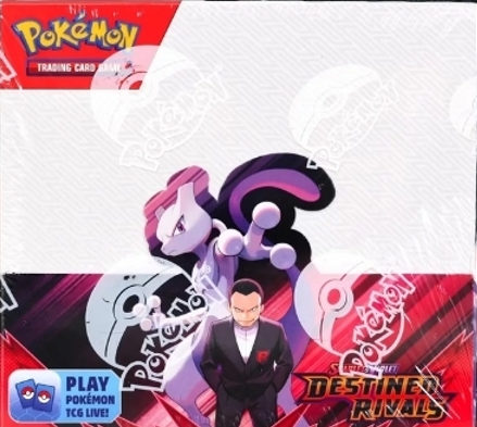 Front view of Pokémon TCG Scarlet & Violet Destined Rivals booster box showcasing Mewtwo and Team Rocket leader Giovanni