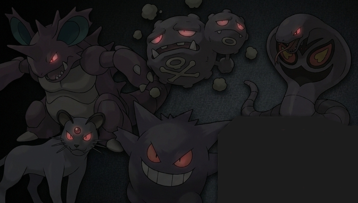 Dark textured background featuring dark shadowed Team Rocket Pokemon including Nidoking, Weezing, Arbok, Persian, and Gengar with glowing red eyes
