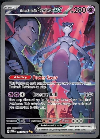 Full-art Team Rocket's Mewtwo ex Pokémon card showing Mewtwo hovering beside Team Rocket leader Giovanni